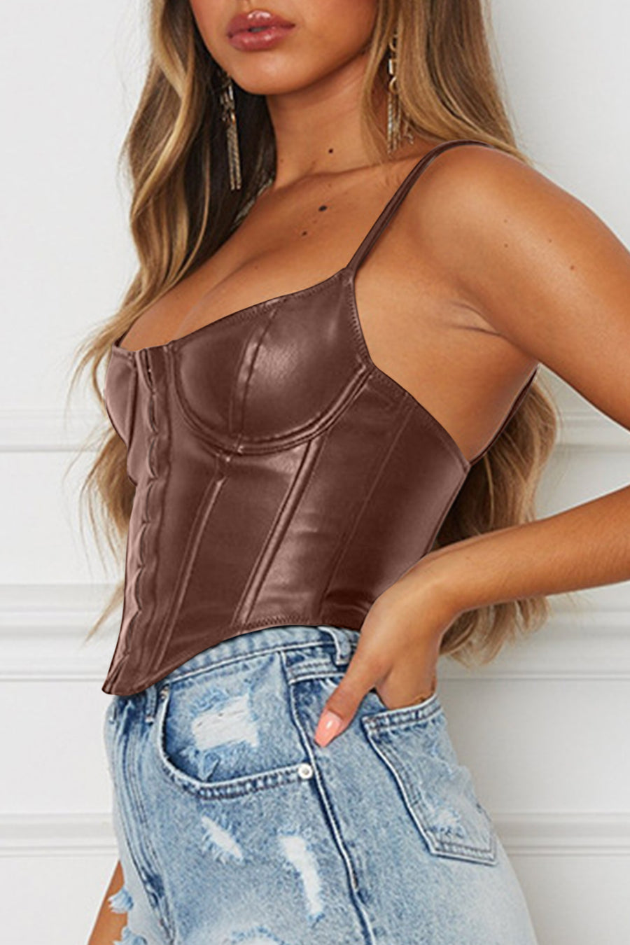 Vonili faux leather corset cami top in Dark Brown
