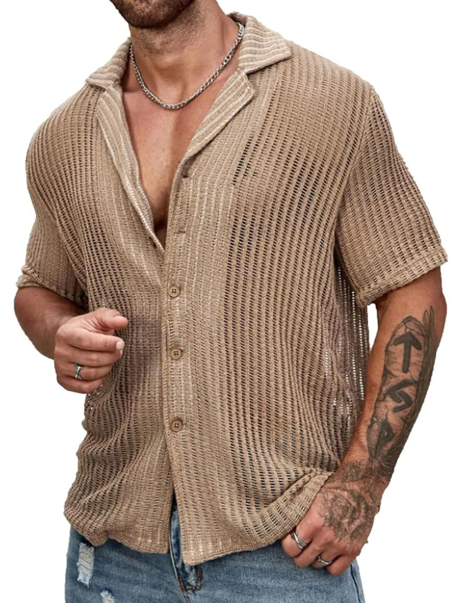 Open-knit resort shirt in mocha with camp collar and short sleeves.