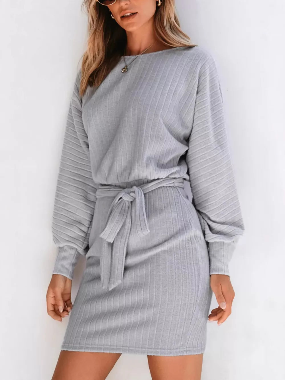 light gray sweater dress with ribbed and boat neck