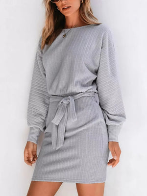 light gray sweater dress with ribbed and boat neck