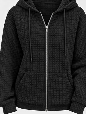 Blue zip hoodie with hip-length and zip-front