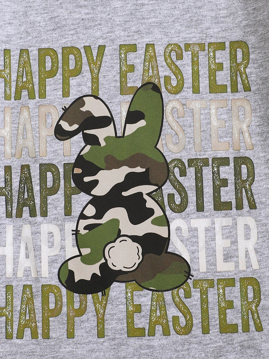 Gray cotton t-shirt with camouflage bunny and Happy Easter text.