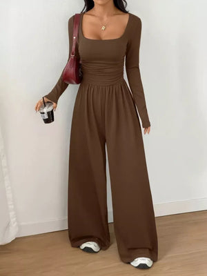 Dark Brown wide-leg jumpsuit with scoop neck