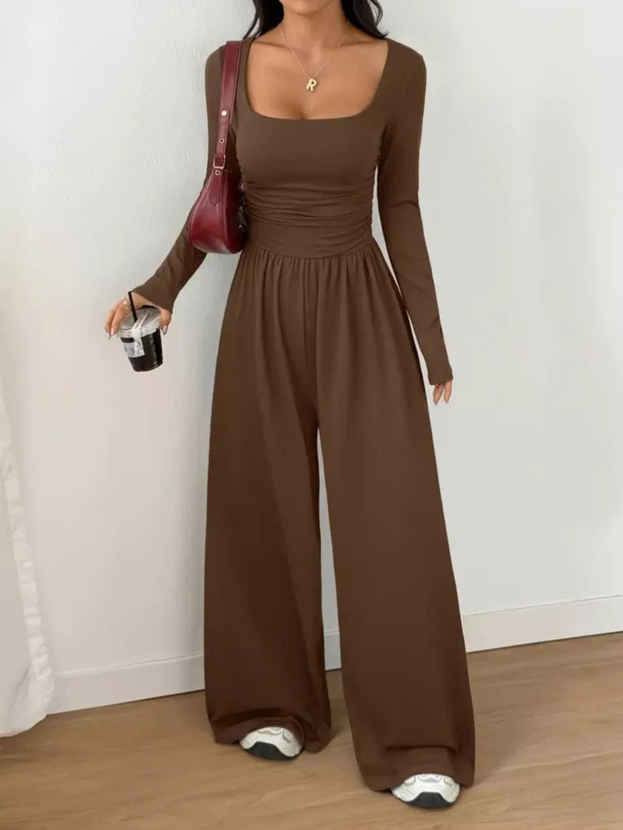 Dark Brown wide-leg jumpsuit with scoop neck