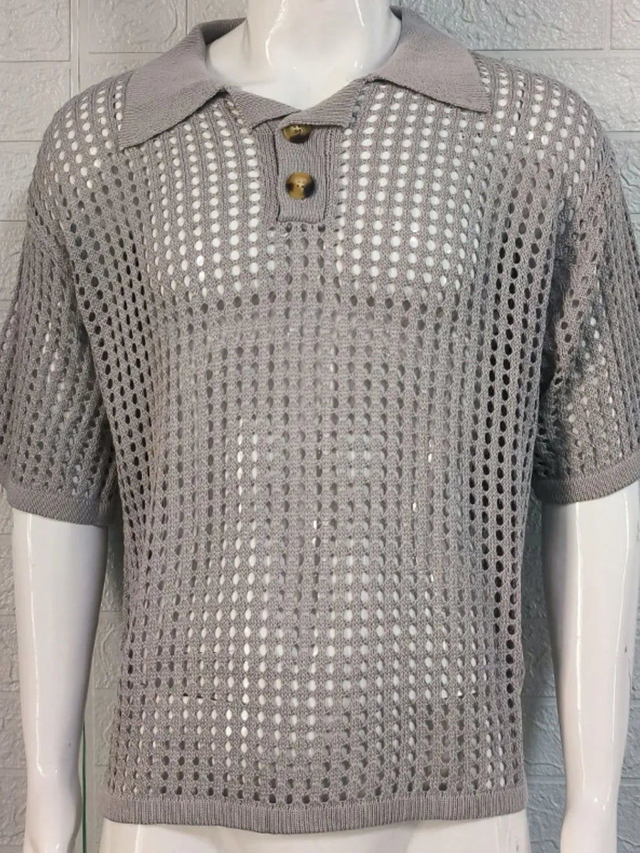 Gray open-knit polo shirt with pointed collar and two buttons