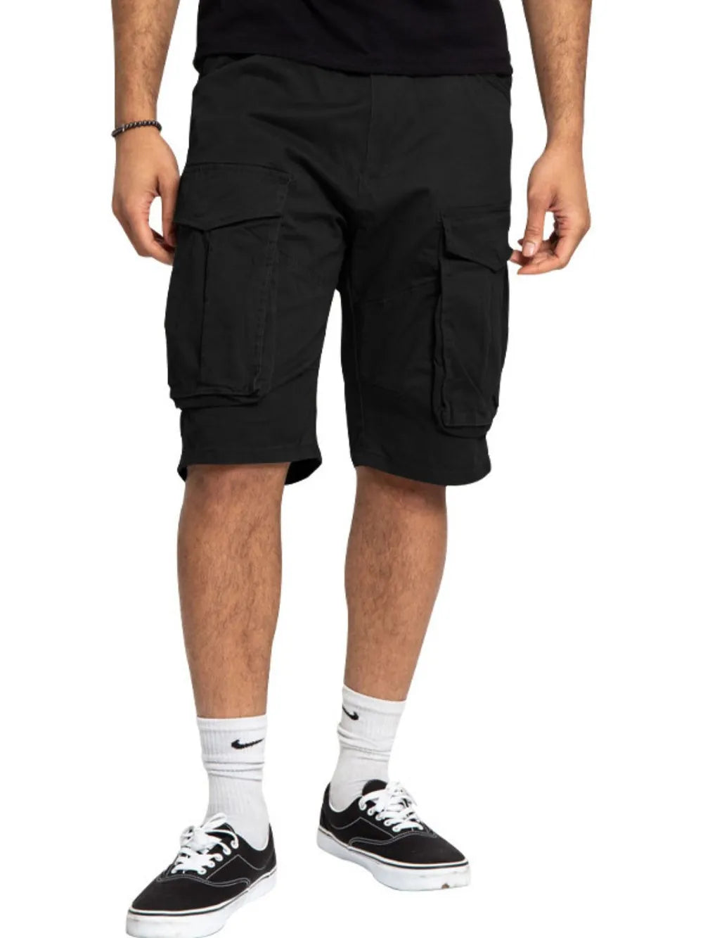 Black cargo bermuda shorts with multiple utility pockets.