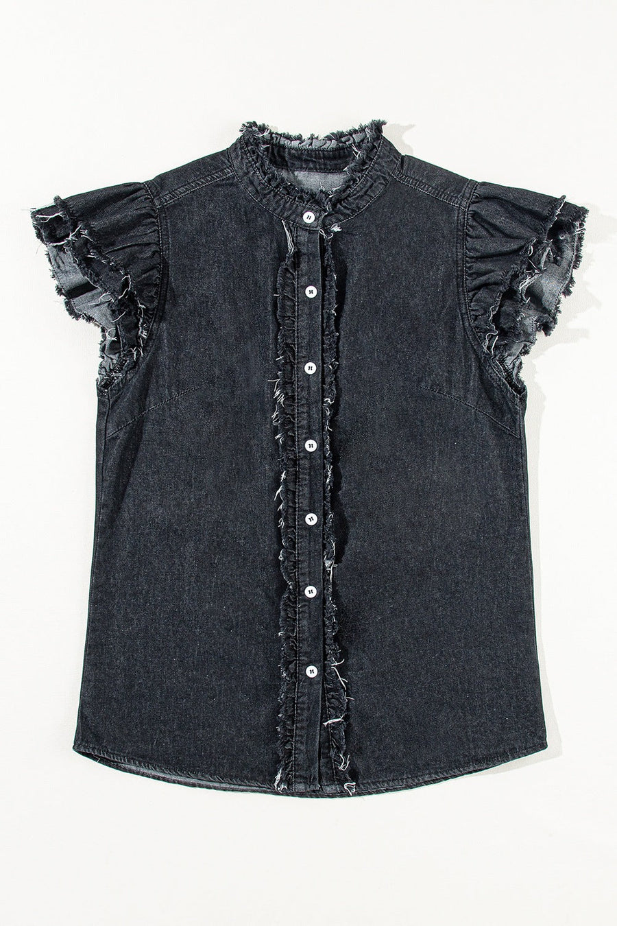 Black denim ruffle-trim button-up shirt with frayed details