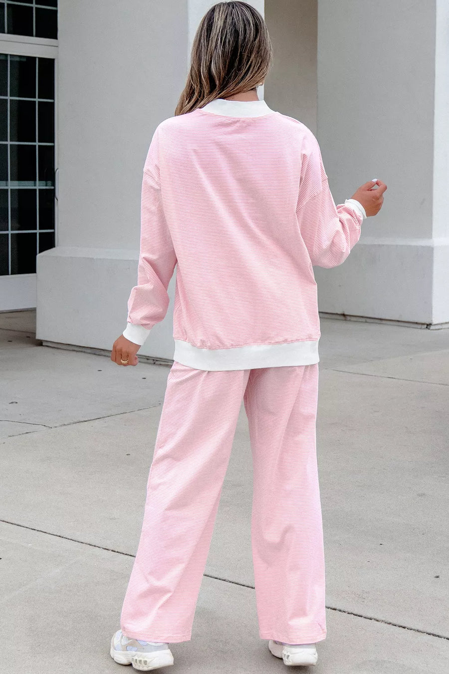 Striped Long Sleeve Top And Pants Set in Blush Pink