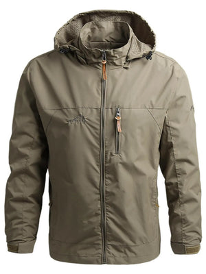 Khaki hooded windbreaker jacket with embroidered logo and zippered pockets.