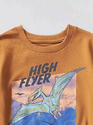 Orange graphic t-shirt with pterodactyl and "High Flyer" text print