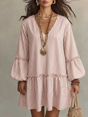 Light Green Striped Balloon Sleeve Mini Dress Plus Size