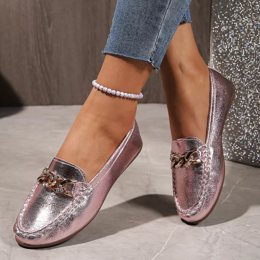PU Leather, Rubber Imported Size &amp loafers in metallic pink with flat silhouette