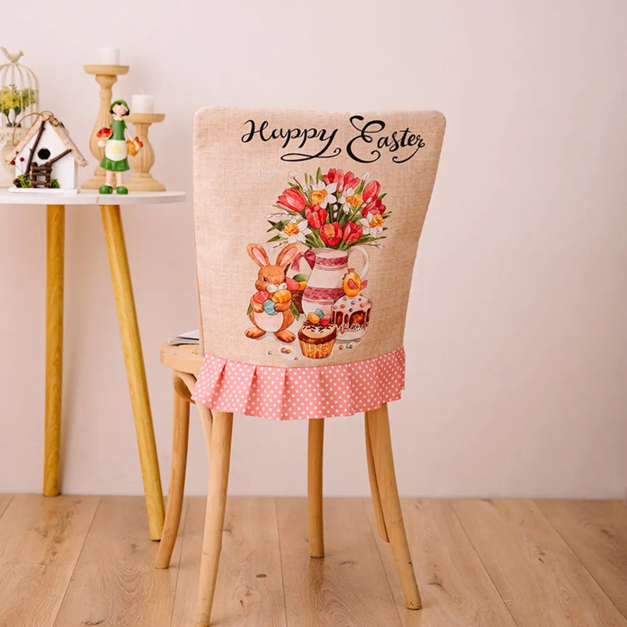 Easter chair cover with bunny, flowers, cupcakes and pink polka dot ruffle.