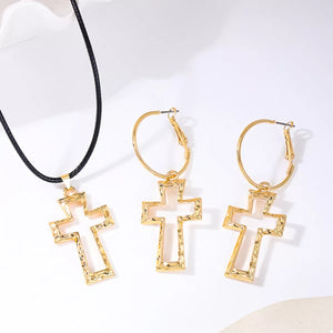 Golden cross pendant necklace and hoop earrings set, 18K gold-plated.