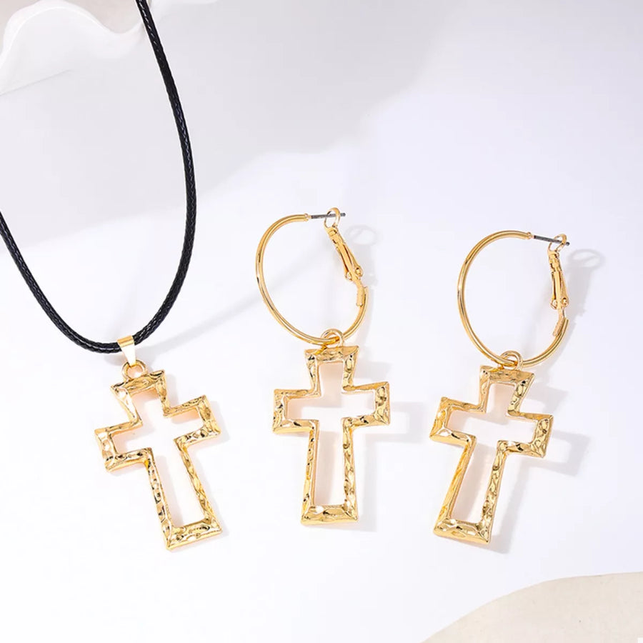 Golden cross pendant necklace and hoop earrings set, 18K gold-plated.