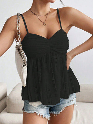 Black textured sweetheart neck cami top with ruched bust and peplum hem.