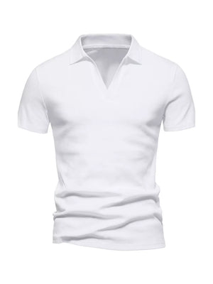 Men's white cotton blend casual polo shirt with notched collar and short sleeves.