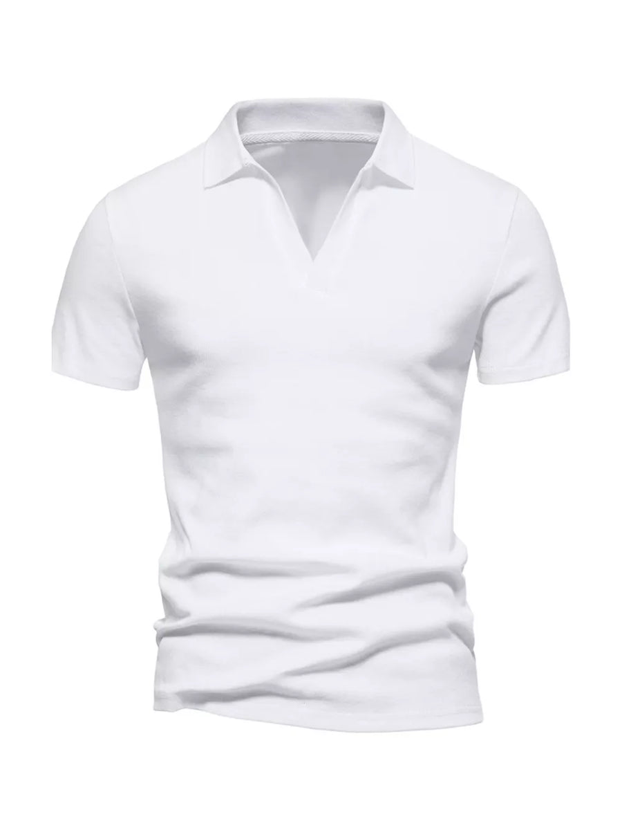 Men's white cotton blend casual polo shirt with notched collar and short sleeves.