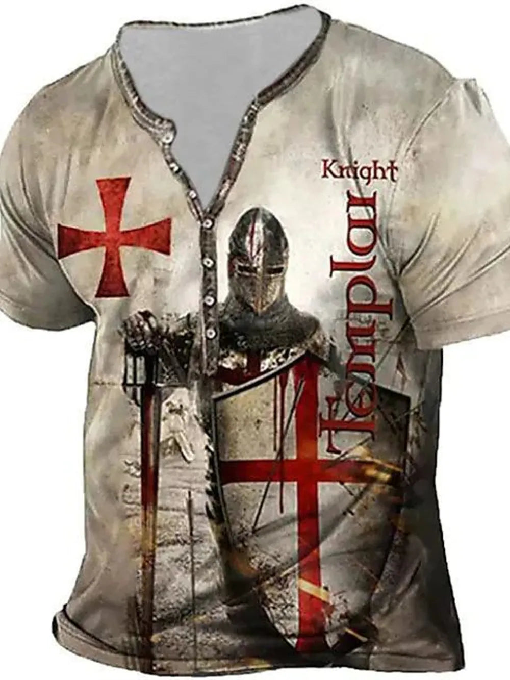 Men's Knight graphic t-shirt with henley neckline and short sleeves.