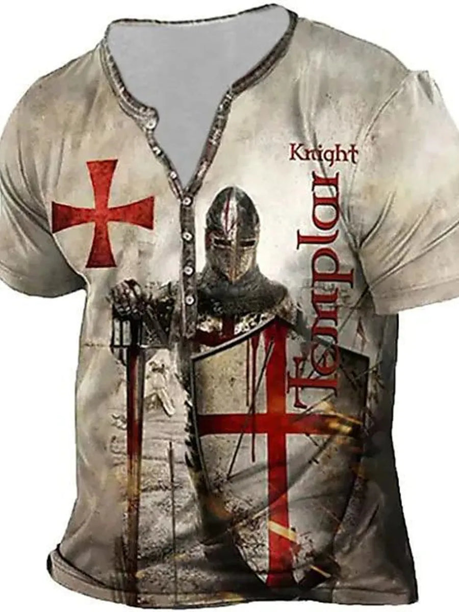 Men's Knight graphic t-shirt with henley neckline and short sleeves.