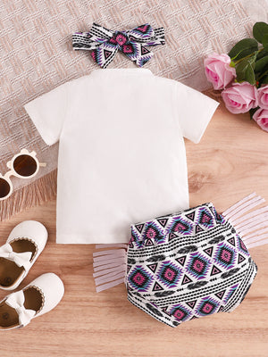 Baby girls' cotton set with white tee and tribal print shorts and headband.