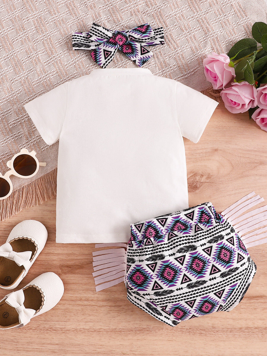 Baby girls' cotton set with white tee and tribal print shorts and headband.