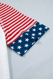 Polyester t-shirt with ruffled sleeves featuring red and white stripes and a blue star pattern.
