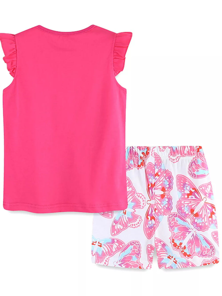 Toddler girls' pink cotton set with ruffled sleeves and butterfly print shorts.