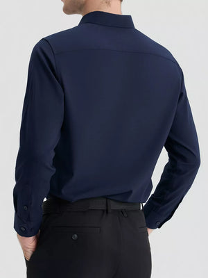 Navy long sleeve men's button-down shirt, slim fit, shown from the back.