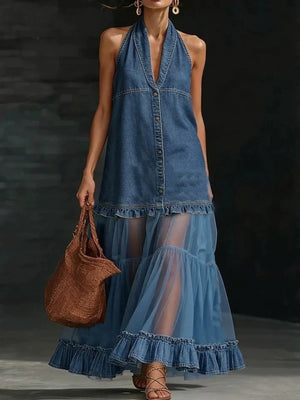 95% polyester, 5% elastane Care instructions: Machine wash cold maxi dress in Light Blue with A-line silhouette