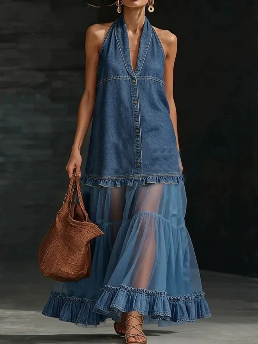 95% polyester, 5% elastane Care instructions: Machine wash cold maxi dress in Light Blue with A-line silhouette