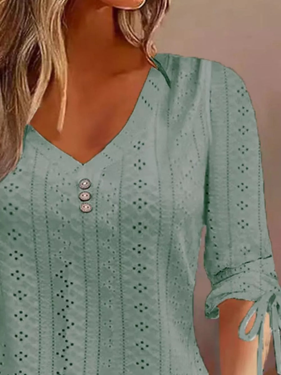 Full Size V-neck Eyelet Drawstring Sleeve Top in White