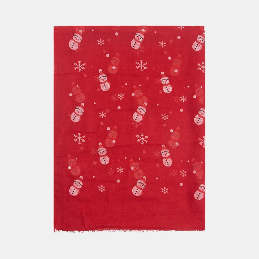 Red scarf with a festive snowman and snowflake print.