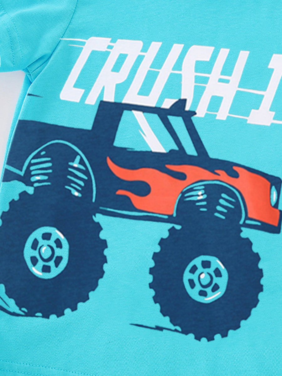 Toddler blue crew neck t-shirt with monster truck graphic and "CRUSH IT" text.