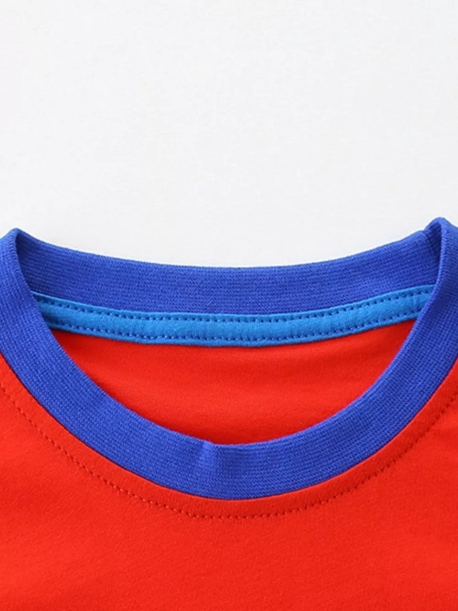 Children's red t-shirt with blue contrast neckline and stitching detail.