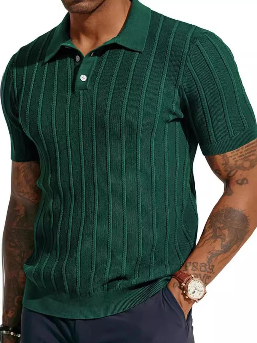 Dark green ribbed knit polo shirt with short sleeves and buttoned collar.