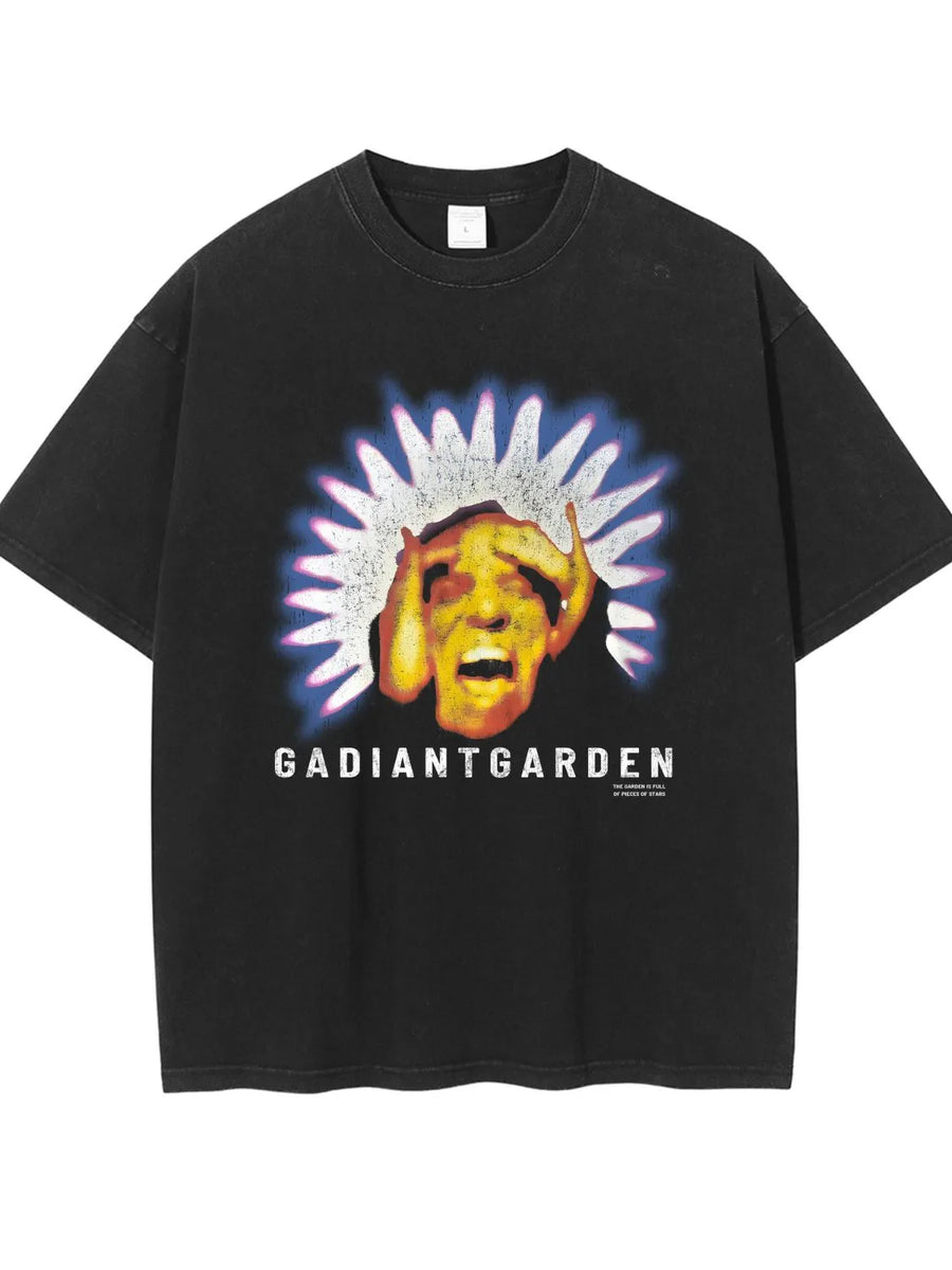 Black distressed graphic tee with Gadiantgarden print and distressed details.