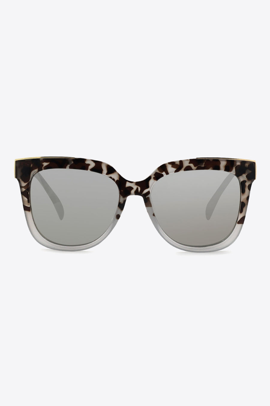 Leopard print angular frame sunglasses with silver lenses and clear temples.