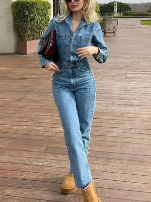95% cotton, 5% spandex Care instructions: Machine wash cold jumpsuit in Light Blue with relaxed silhouette