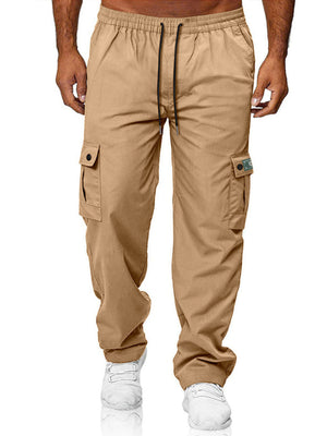 Khaki cargo pants with adjustable waist and button-flap side pockets.