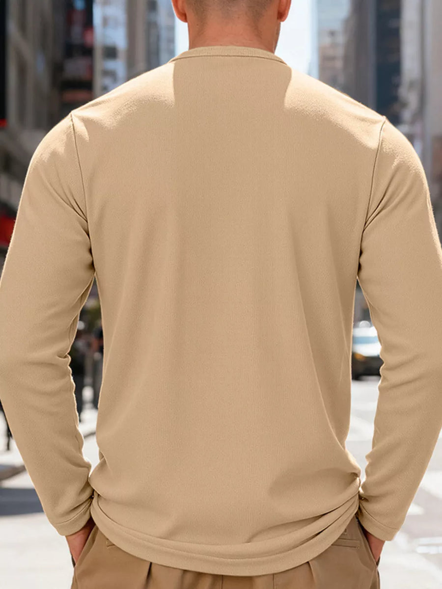 Men's Khaki long sleeve t-shirt with crew neck, casual everyday comfort.