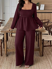 Wine red ruched two-piece set with square neck top and wide leg pants