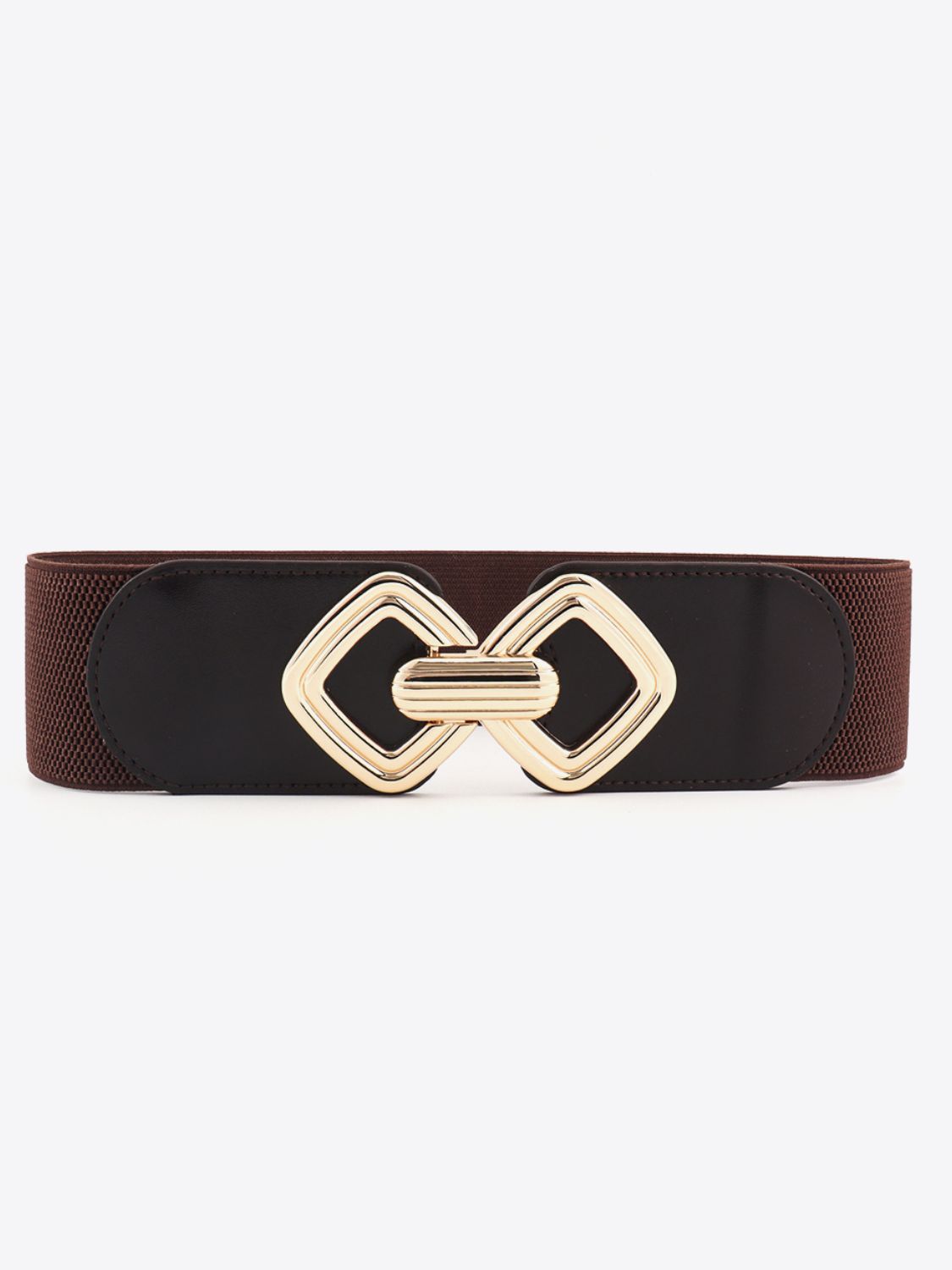 Elasticated waist belt in brown with black PU and a gold geometric buckle.