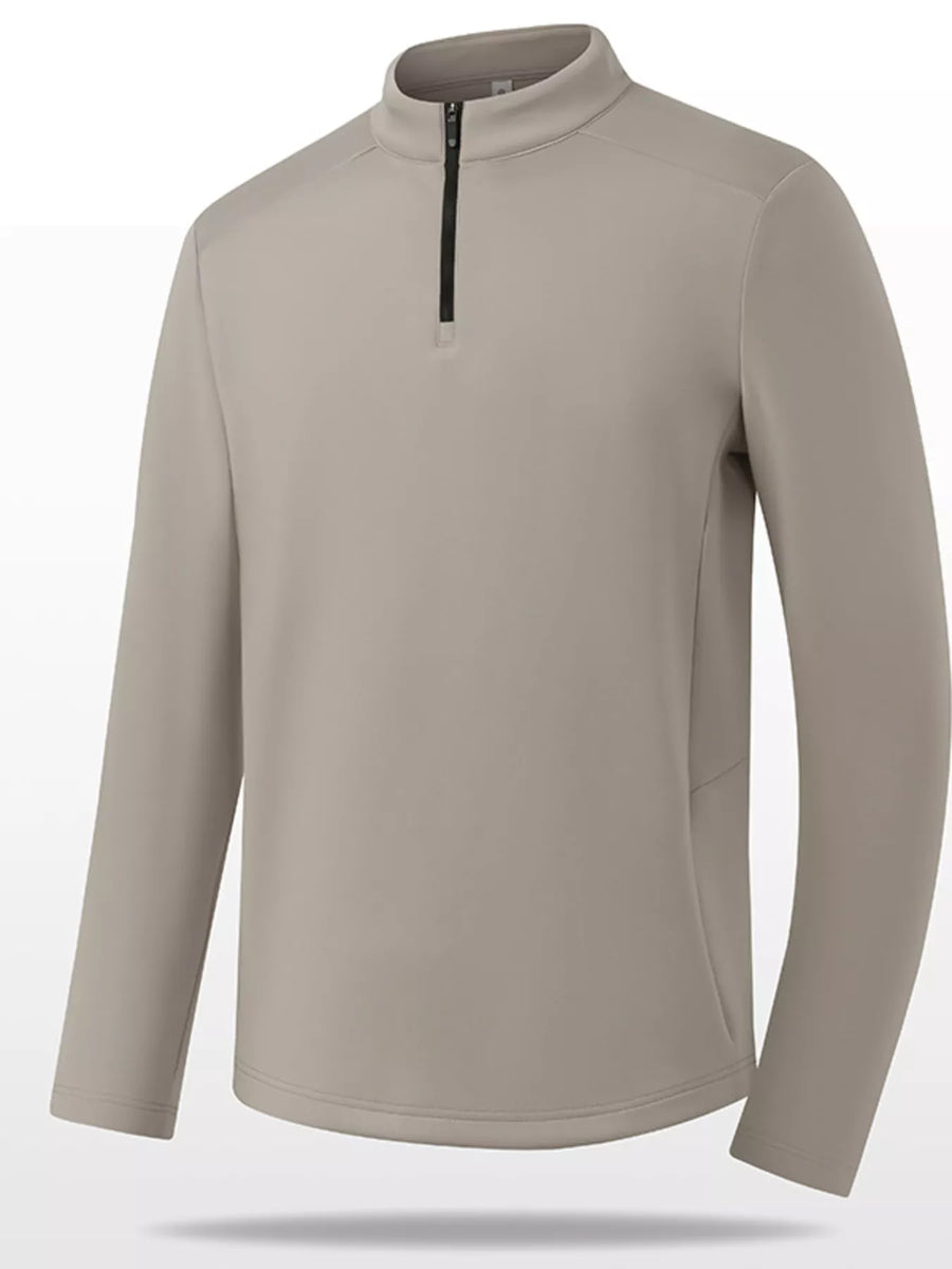 Plus-size khaki quarter-zip sweatshirt with a mock neck and long sleeves.