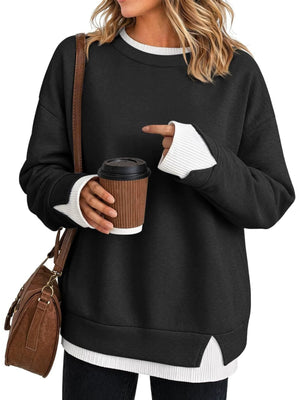 sweatshirt in Mocha with contrast ribbed trim and hip-length