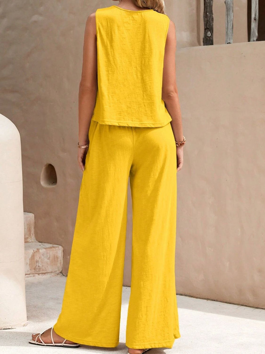 Yellow linen tank top and wide-leg palazzo pants set.
