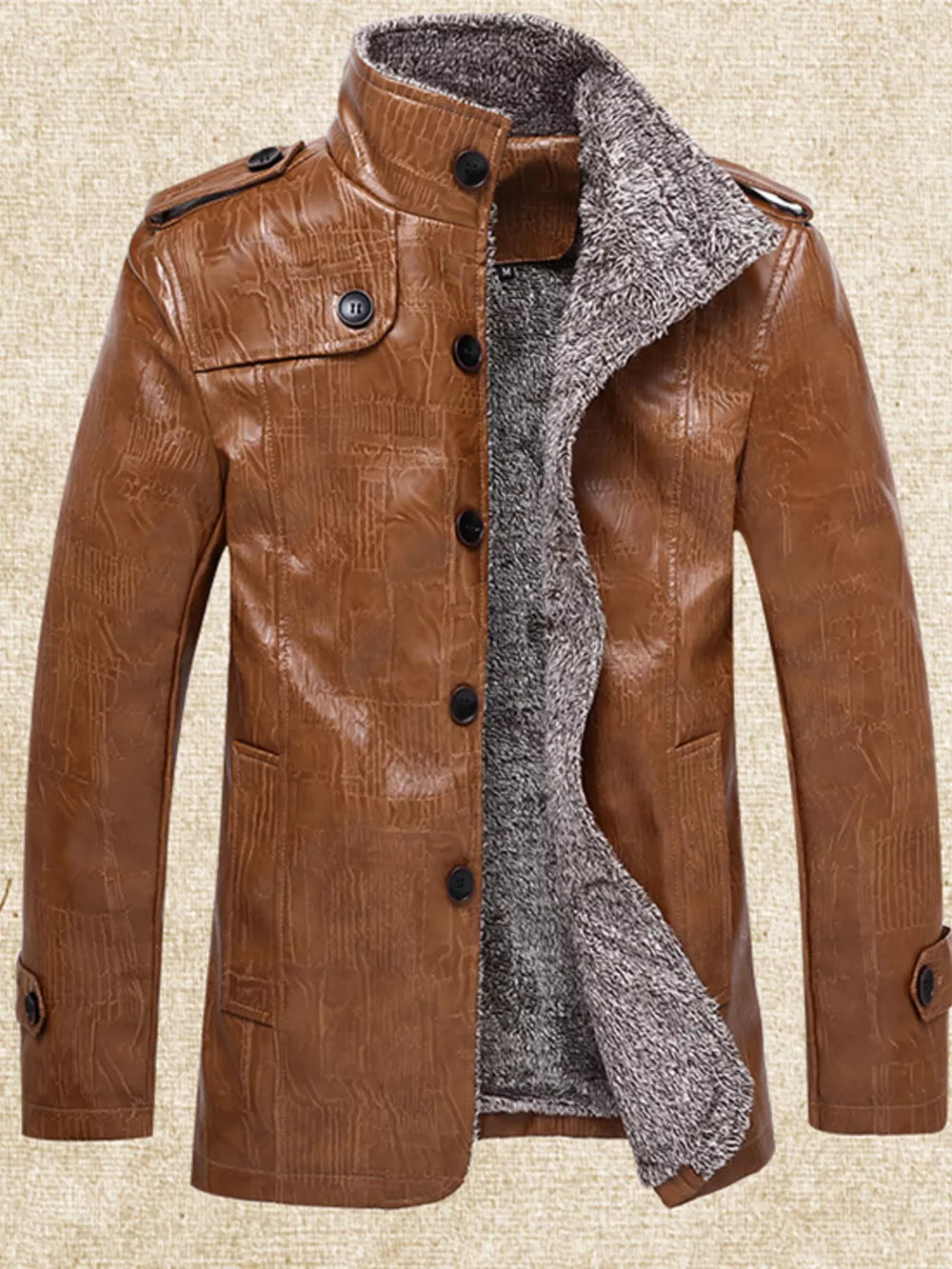 Men's brown faux leather sport jacket with fleece lining and button-up front.