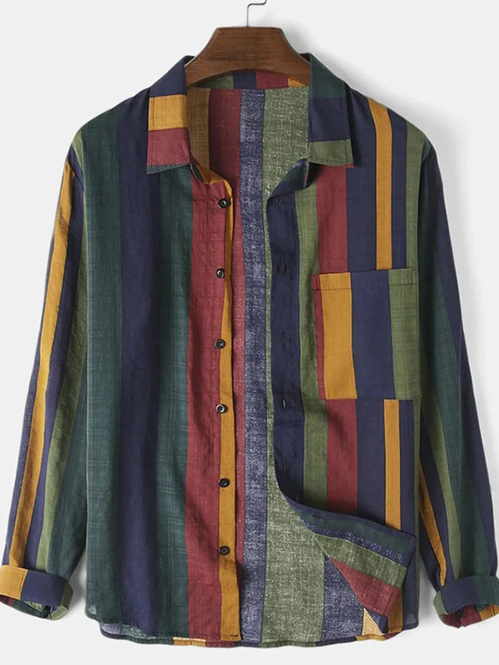 Colorblock stripe linen button-down shirt with long sleeves and chest pocket.