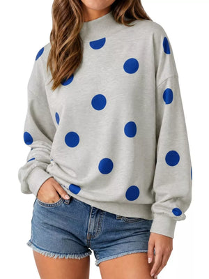 heather grey sweatshirt with polka dot and mock neck