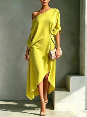 Yellow one-shoulder midi dress with draped detail and asymmetrical hem
